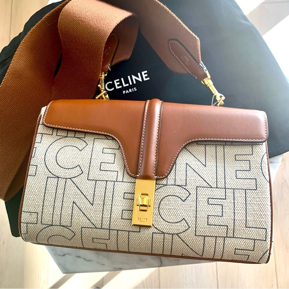 🌟 CELINE Teen Soft 16 Crossbody Bag in Textile Logo and Natural Tan Leather